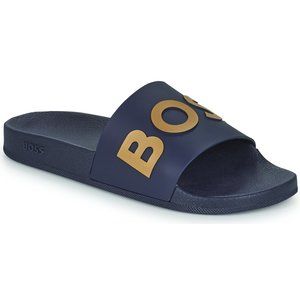 BOSS Italian Slides Logo Strap Contoured Sole Blue Gold Size 9 Mens Slides Shoes